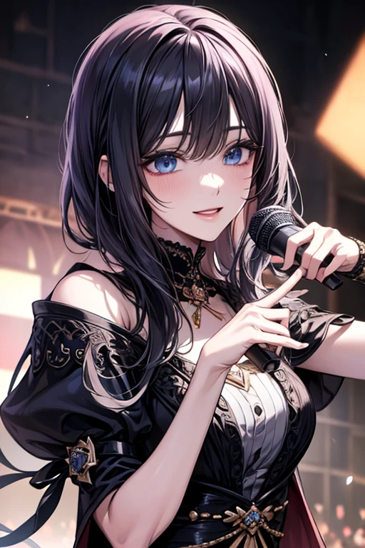 masterpiece, masterpiece_portrait, distinct, distinct_image, high_resolution, highres, high_quality_anime, high_quality, hyper_detail, finely_detailed,4K, YUJU, GFRIEND, KPOP , sexy body, ((black hair)), blue eyes, smile, happy, KPOP idol singer costume, Singing and dancing on a gorgeous stage,
