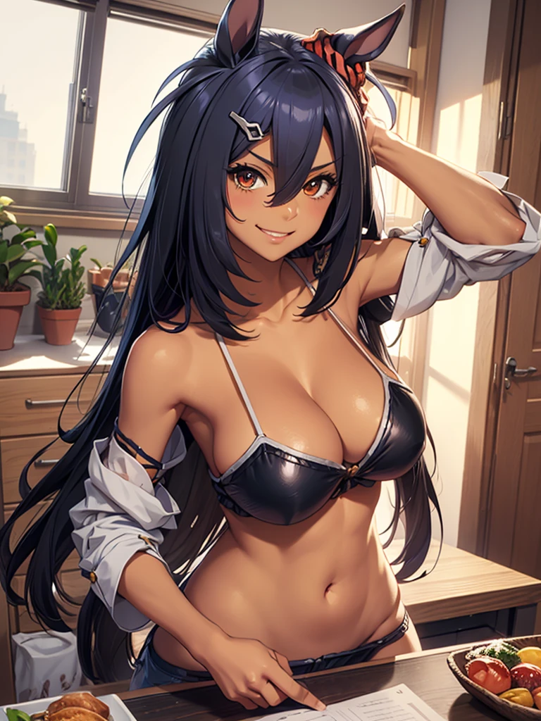 (​masterpiece、 top-quality、 hight resolution、 Unity 8k Wallpaper、 extremely details CG:1)、“You're a virgin? Really? I'll make you graduate.”, Chaste naughty sister, big tits, full of sexual attraction, lewd crests, cleavage enhancement, female-enhancing body position, eloquent smile, nsfw, hishi amazon(umamusume), smile