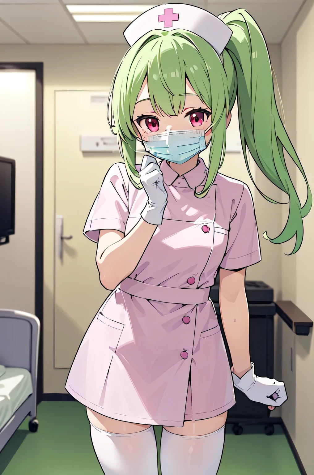 1girl, solo, nurse, nurse cap, white nurse uniform, ((white legwear, zettai ryouiki)), white gloves, ponytail, green hair, pink eyes, ((white surgical mask, covered nose)), standing, ((hospital room)), sharp outline, short sleeves, best quality, masterpiece