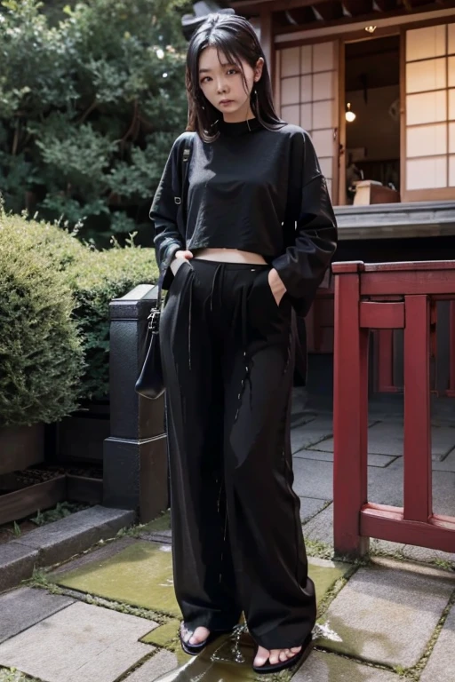 Japanese Girl sees the ghost and pees her black palazzo pants until her pants are wet in fright.