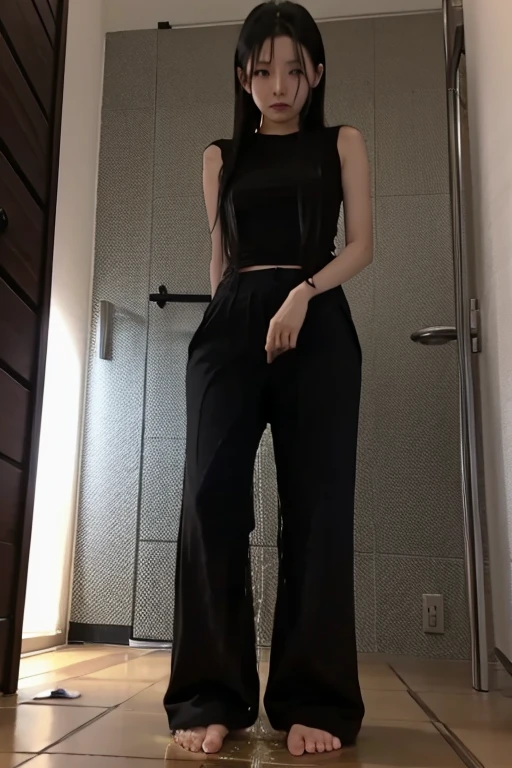 Japanese Girl sees the ghost and pees her black palazzo pants until her pants are wet in fright.