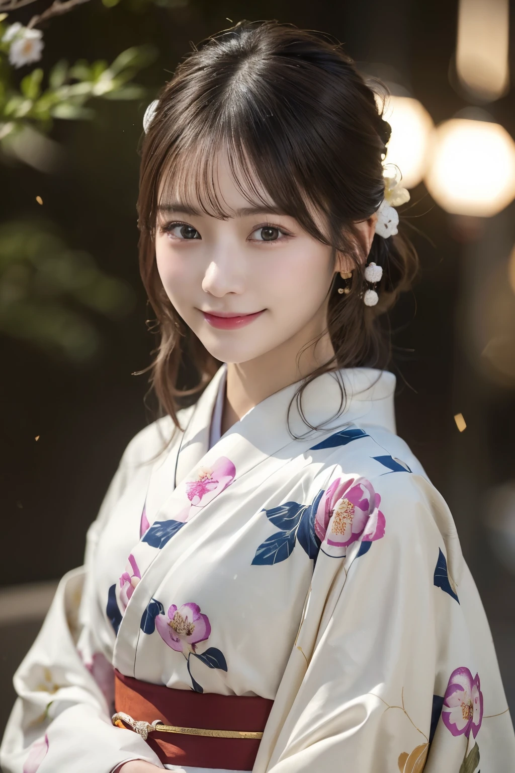 (kimono)、masterpiece、beautiful girl、Beautiful fine details、highest quality, 超A high resolution, (reality: 1.2), Cinema lighting、(Japanese Girls)、so beautiful、Beautiful Skin、(Looking at the audience)、(Surreal)、(High resolution)、(8k)、(Very detailed)、(Beautiful fine details)、(Very detailed)、 (wallpaper)、Detailed face、Bright lighting、Professional Lighting、smile