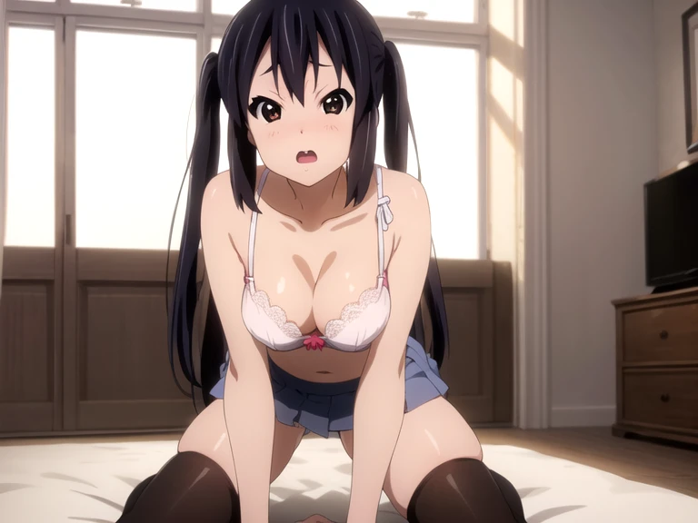 (ultra-highdetail, 8k quality, best quality, extremely detailed illustration,intense shadows, high quality anime illustration, anime coloring, azusa nakano, K-ON!, black hair, brown eyes, long hair, twintails, Medium Breasts),
cameltoe, behind view, 1 girl, all fours, very short skirt, white panties, white thighhighs, open clothes, white bra lift, show off nipple, gleaming skin, open mouth, embarrassed, look at viewer,