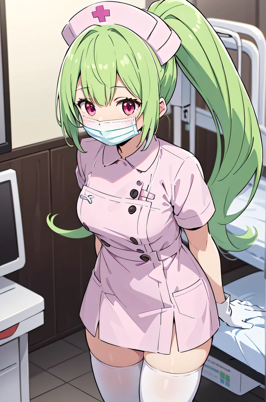 1girl, solo, nurse, nurse cap, white nurse uniform, ((white legwear, zettai ryouiki)), white gloves, ponytail, green hair, pink eyes, ((white surgical mask, covered nose)), standing, ((hospital room)), sharp outline, short sleeves, best quality, masterpiece