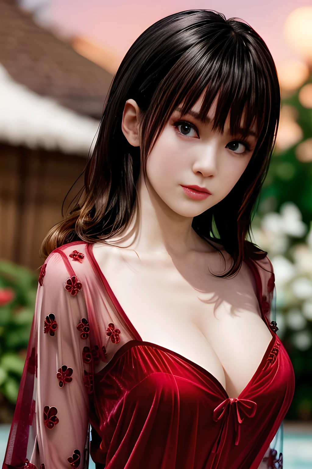 1girl,(RED theme: 1.2), (Sheer fabric pajamas: 1.5),(Velvet fabric robe: 1.5), (Ice flower Robe: 1.4), ,garden,moon,huge breasts,lactating,(lip gloss),(masterpiece), best quality, (real life portrait photography:1.5),unltra detailed,8K,Shot with a professional-grade camera like the Nikon D850,every intricate detail is captured, from the subtlest expression to the glimmer of anticipation in her eyes,,nanami