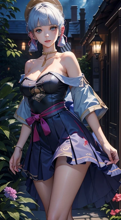 ((masterpiece)),(best quality),((Extremely detailed)), ((Beautiful and detailed sky)), ((movie lighting)), Depth of Field, (Dynamic angle),Detailed lighting,((Beautiful and delicate eyes)), (Night sky landscape), Red lips, Eyeshadow,Big breasts, cleveage, ((Wearing a small skirt, Off-shoulder, Bare buttocks)), ((Ayaka Kamisato)) (((Large Breasts、Breast sagging、Low-cut，Cleavage ，Wide hips,)))((Long legs)),Hourglass figure)),