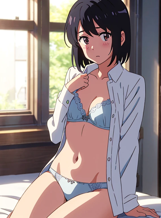 shinkai makoto, kimi no na wa., 
detailed background、Beautiful teenage girl、black hair short、beautiful and detailed face、beautiful and smooth skin、skin texture、take off clothes、change clothes in the school changing room、Cute colored underwear、laughter、sexual expression、smile、stockings、take off clothes、In underwear、uniform