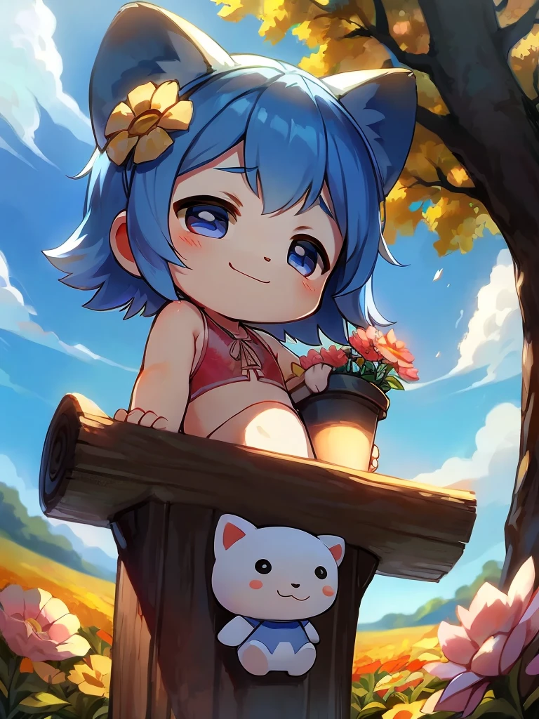 Masterpiece、highest quality、A flower field in the distance、Asahi、Big tree、((Chibi Character))、Chibi Character、(One boy)、Smile with your mouth closed、Summer clothes、
Blue Hair、sleeping on a tree