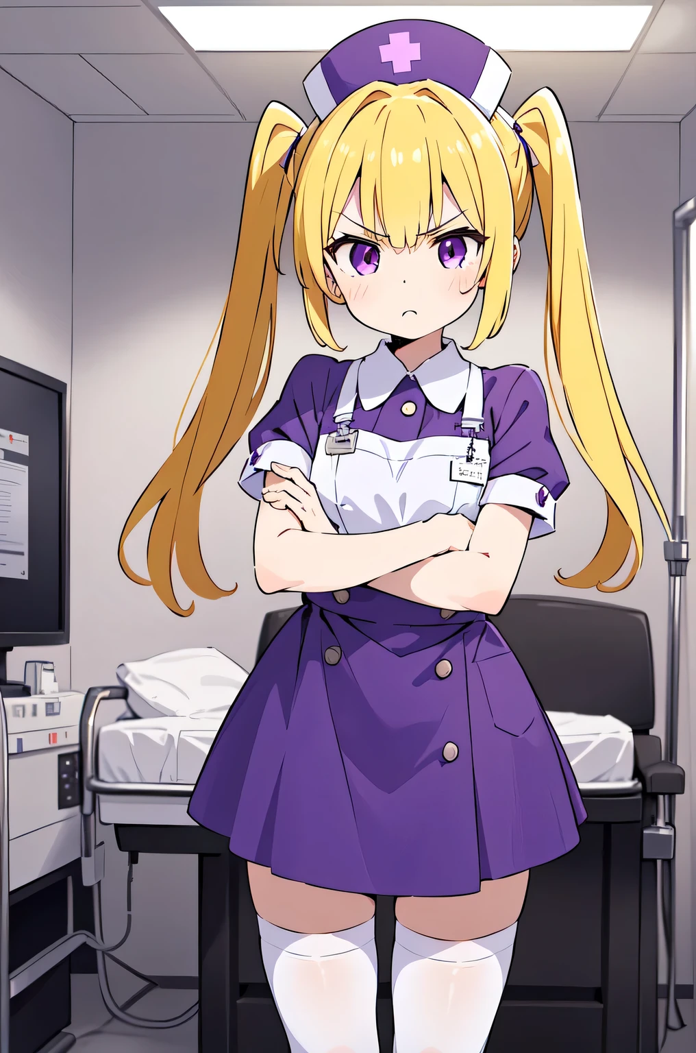 1girl, solo, nurse, nurse cap, white nurse uniform, ((white legwear, zettai ryouiki)), white gloves, twintails, yellow hair, purple eyes, angry, crossed arms, standing, ((hospital room)), sharp outline, short sleeves, best quality, masterpiece