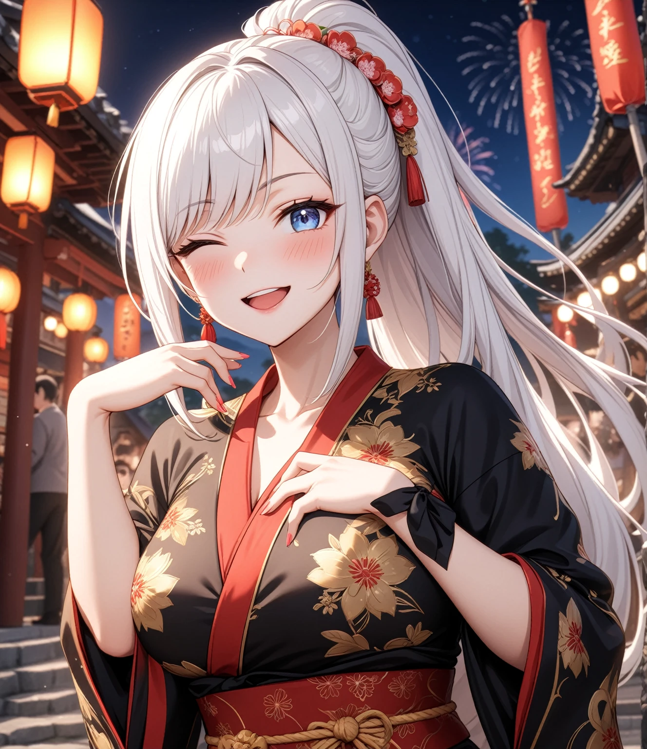 ((one personの女性)), Beautiful Face,Embarrassed and kind expression,Laugh embarrassedly,((Wink:2.0)),turn bright red,Glossy pink lips,night,Shrine festival sexpensives,firework, ((Anime style background)),masterpiece, highest quality, so beautiful, Latest, Complex details, (Pink long nails),AI-generated, Complex,High resolution, highest quality, super high quality,3D Images、View your viewers、3D Images,one person,Long white hair,High Ponytail,blue eyes,Anime woman posing for a photo, [[Fine grain、Colorful eyes、Shining Eyes:1.15]],(Squint your eyes:1.1),a hyperRealistic , hyperRealistic , Realistic,Long haired white hair anime woman, Smooth anime CG art, A woman in a colorful kimono with gold embroidery, (Black kimono),Red floral pattern,Long flower hair ornament,Big earrings,(Big Breasts:1.2),Mature Body,expensive,Big Ass,Fine details,Tight waist,Abdominal muscles,Shooting at an angle,Show off your buttocks,Rubbing the breast with your hands