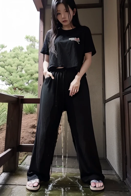 Japanese Girl sees the ghost and pees her black palazzo pants until her pants are wet in fright.