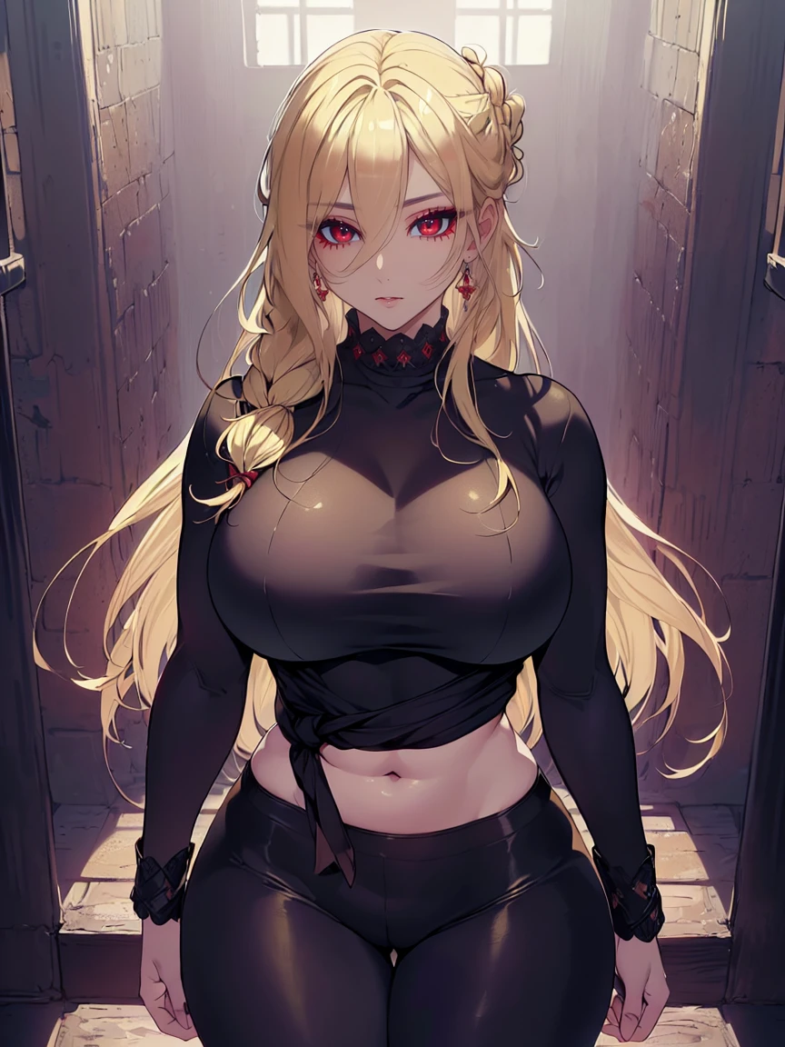 (Uhd, Masterpiece, Textured Skin, Super Detail, High Details, High Quality, Best Quality), Detailed Face, 1woman, mature pretty woman, ((wide hips, thick thighs, huge breasts)), ((Long blonde hair tied:1.5, Hair over the eye:1.5)), ((Prisoner's clothing), (Pants), (Huge body), Prison