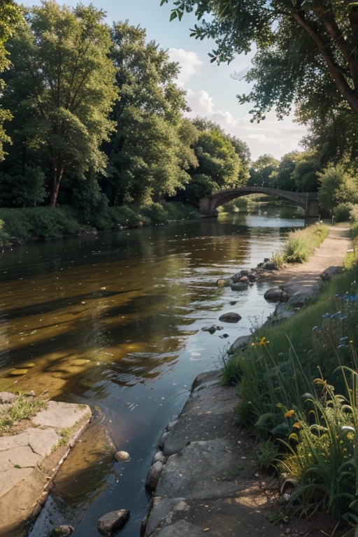 create a summer landscape on the river bank