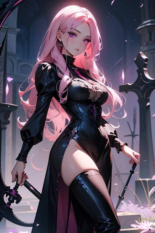 a pink haired woman with violet eyes with an hourglass figure in a Victorian leather dress is spinning a scythe in the cemetery