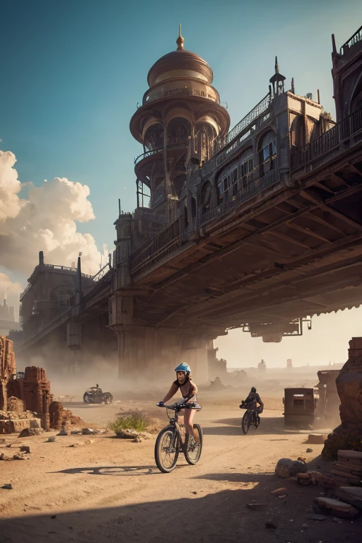 a girl rides a bicycle, in running shorts, short shorts, a painting of a city in the middle of a desert, concept art, inspired by Stephan Martiniere, digital art, victorian steampunk mega city, mandelbulb 3 d buildings, matte painting of steam machines, russian orbit city cityscape
