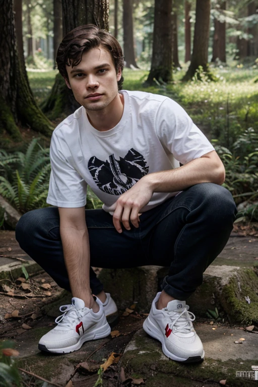 Alden Ehrenreich, Ethan Lawson Wate, Teen Wolf, 20 years old, light black hair, short and messy, green eyes, black open stempunk jacket, white t-shirt with rocker print, black tennis shoes, wolf pendant, white wolf print. forest background aura around black color