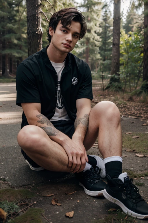 Alden Ehrenreich, Ethan Lawson Wate, Teen Wolf, 20 years old, light black hair, short and messy, green eyes, black open stempunk jacket, white t-shirt with rocker print, black tennis shoes, wolf pendant, white wolf print. forest background aura around black color