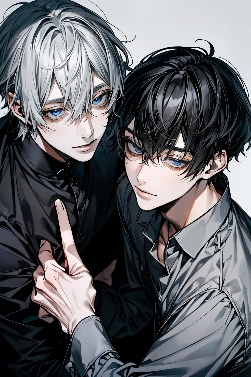 (Mastepiece), (Bestクォリティ), Very detailed, ((Two good friends:1.5)), Perfect Face, Beautiful Face, Very detailedな顔,(Black-haired man:1.3),(Grey-haired man:1.3)、shirt、Best、smile