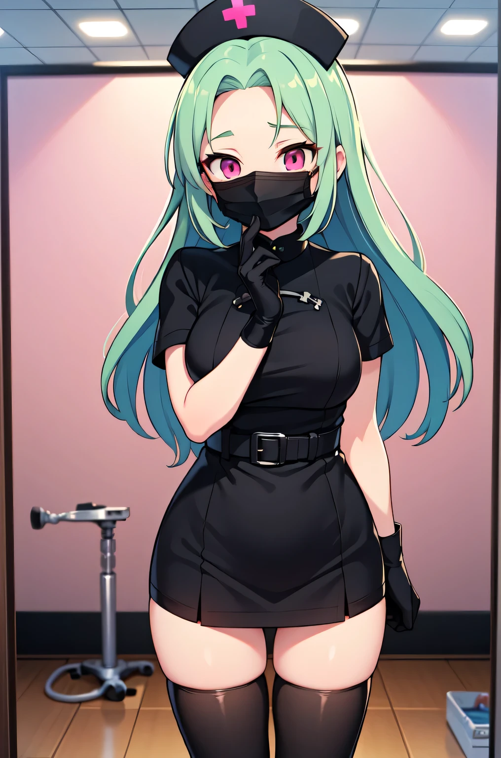 black nurse, 1woman, solo, black nurse cap, black nurse uniform, ((black legwear, zettai ryouiki)), black elbow gloves, forehead, long hair, green hair, pink eyes, ((black surgical mask, covered nose)), standing, ((surgery room)), sharp outline, short sleeves, mature female, 35 years old, best quality, masterpiece