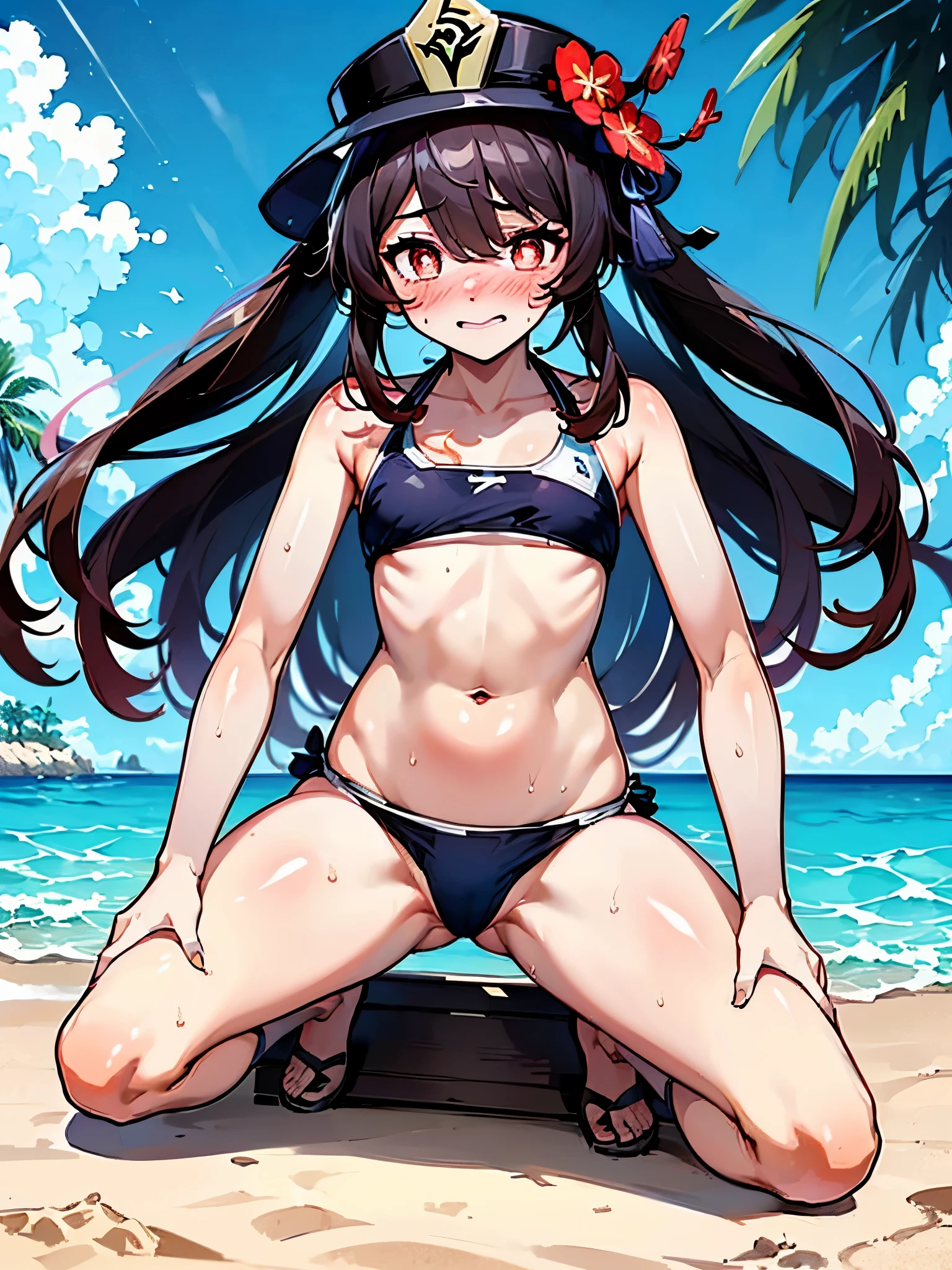 NSFW,hutao\(genshin\),(Swimwear:1.5),(Perfect hands),(Perfect Anatomy),(masterpiece),(highest quality),(Embarrassed:1.5),blush,Feeling embarrassed,Lift your butt,Leg spread,Sandy Beach,Palm tree,Rock Shade