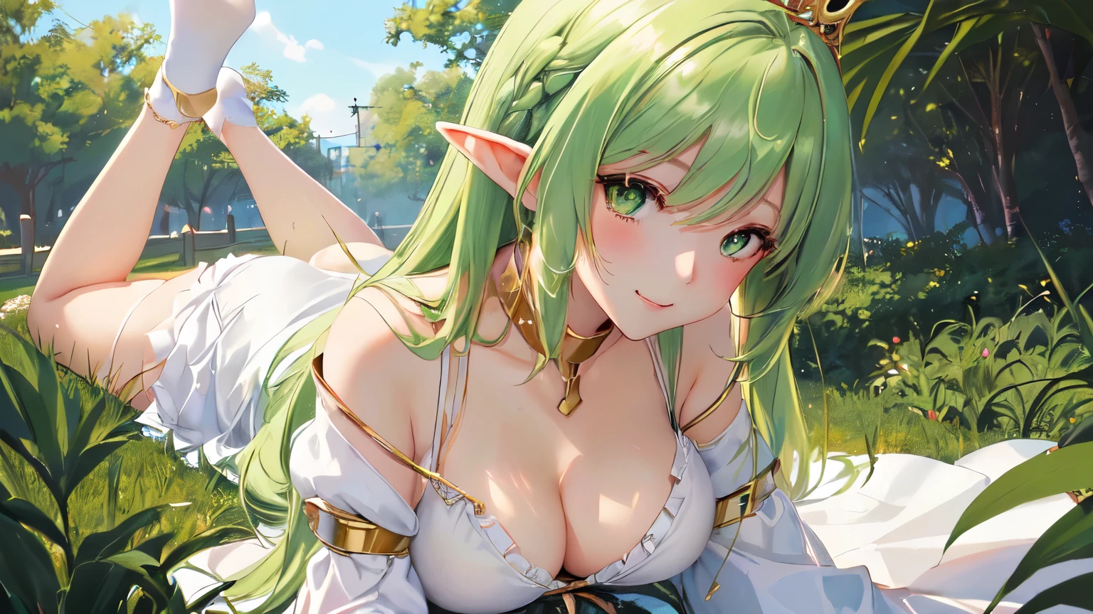 anime girl laying on the ground with green hair and green eyes, elf girl, seductive anime girl, attractive anime girl, beautiful alluring anime woman, top rated on pixiv, beautiful anime girl, beautiful alluring anime teen, anime goddess, detailed anime artwork, trending on artstation pixiv, sexy girl with green eyes, extremely detailed artgerm, guweiz, anime girl, blonde hair princess girl, small girl, white dress, with gold crown, face on camera, tight shirt, show large chest, dark isekai, shy girl, pitiful face, face forward to camera, asking pose, pink cheeks, half body, body on iron chain, smile, yellow eyes, show cleavage very big breast, zoom very big breast, face and breast in front, ensure she wear long pants, wet breast, watery breast, lay on grass, zoom front breast and face only, no nails, remove the nail, do not show the nails, girl tighten on iron chains like a slave, head pop up front, lot of iron chains, anime girl leans forward, lying grass, looking at viewer