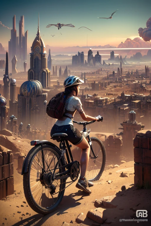 a girl rides a bicycle, in running shorts, short shorts, a painting of a city in the middle of a desert, concept art, inspired by Stephan Martiniere, digital art, victorian steampunk mega city, mandelbulb 3 d buildings, matte painting of steam machines, russian orbit city cityscape