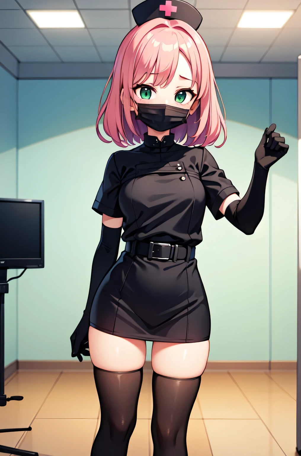 black nurse, 1woman, solo, black nurse cap, black nurse uniform, ((black legwear, zettai ryouiki)), black elbow gloves, pink hair, green eyes, drooping eyes, ((black surgical mask, covered nose)), standing, ((surgery room)), sharp outline, short sleeves, mature female, 32 years old, best quality, masterpiece