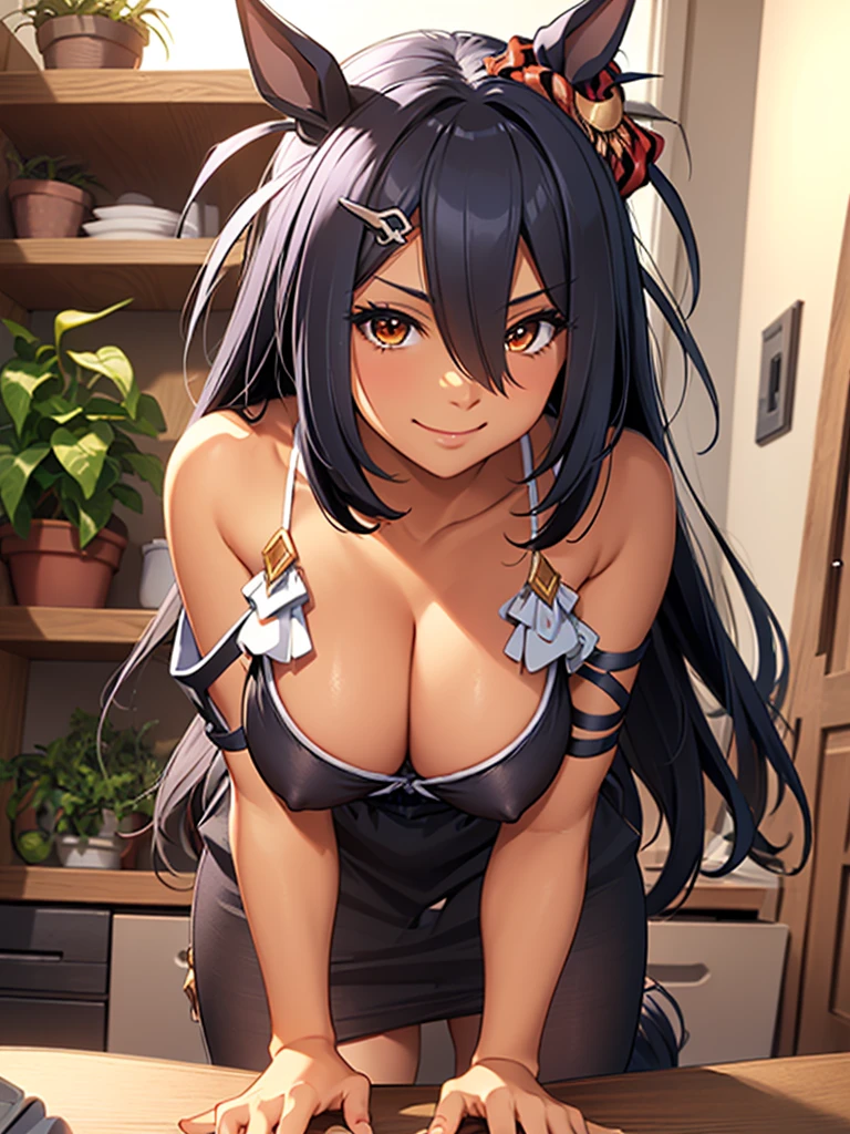 (​masterpiece、 top-quality、 hight resolution、 Unity 8k Wallpaper、 extremely details CG:1), Older sister who can provide sex education, Chaste naughty sister, big tits, full of sexual attraction, lewd crests, cleavage enhancement, female-enhancing body position, eloquent smile, nsfw, hishi amazon(umamusume)