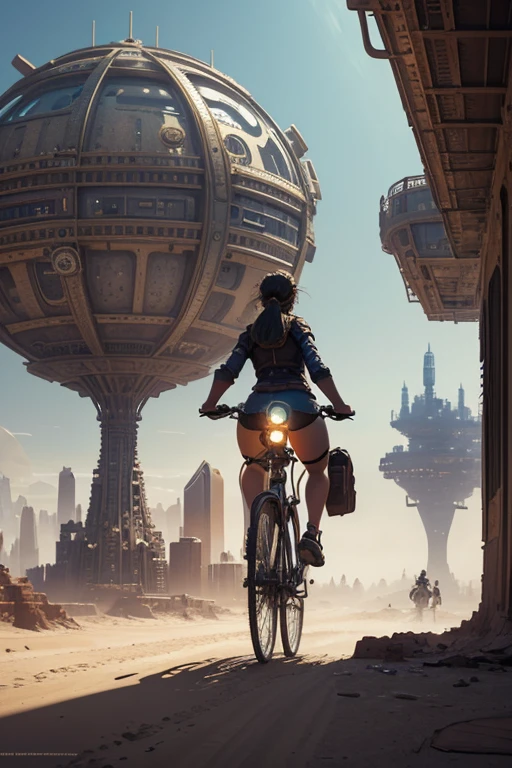 a girl rides a bicycle, in running shorts, short shorts, a painting of a city in the middle of a desert, concept art, inspired by Stephan Martiniere, digital art, victorian steampunk mega city, mandelbulb 3 d buildings, matte painting of steam machines, russian orbit city cityscape
