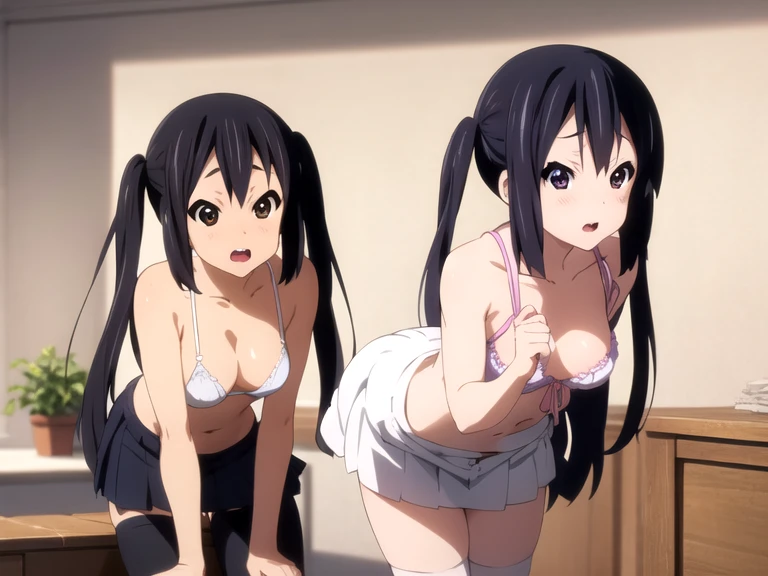(ultra-highdetail, 8k quality, best quality, extremely detailed illustration,intense shadows, high quality anime illustration, anime coloring, azusa nakano, K-ON!, black hair, brown eyes, long hair, twintails, Medium Breasts),
cameltoe, behind view girl, ass focus, 1 girl, all fours, very short skirt, white panties, white thighhighs, open clothes, white bra lift, show off nipple, gleaming skin, open mouth, embarrassed, look at viewer,