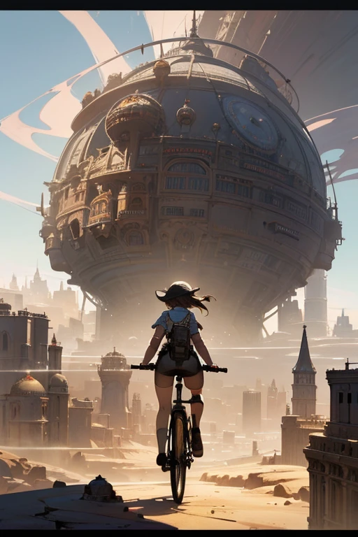 a girl rides a bicycle, in running shorts, short shorts, a painting of a city in the middle of a desert, concept art, inspired by Stephan Martiniere, digital art, victorian steampunk mega city, mandelbulb 3 d buildings, matte painting of steam machines, russian orbit city cityscape