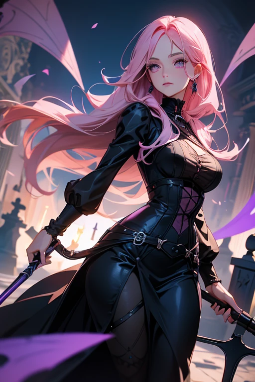 a pink haired woman with violet eyes with an hourglass figure in a Victorian leather dress is spinning a scythe in the cemetery