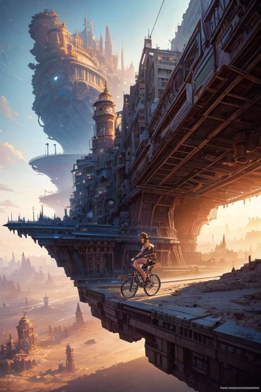 a girl rides a bicycle, in running shorts, short shorts, a painting of a city in the middle of a desert, concept art, inspired by Stephan Martiniere, digital art, victorian steampunk mega city, mandelbulb 3 d buildings, matte painting of steam machines, russian orbit city cityscape