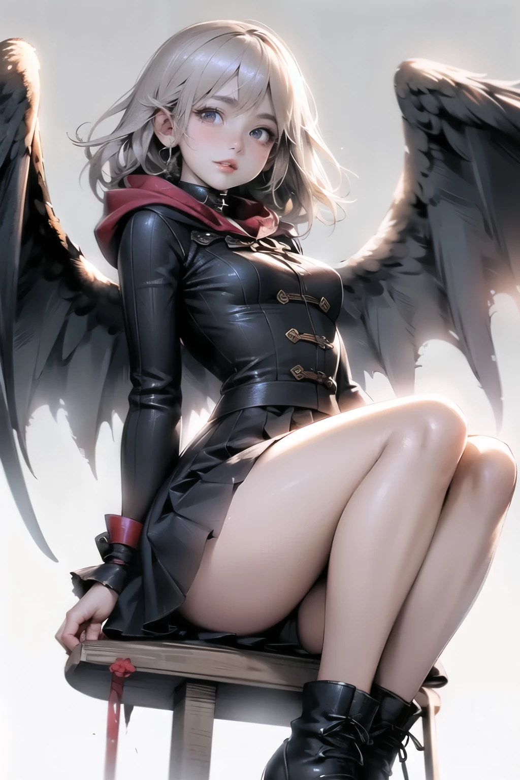 ((best quality)), ((masterpiece)), (detailed), perfect face, ((best quality)), ((masterpiece)), (detailed), perfect face(Golden ratio:1.2),(Fault color:1.3),[(White background:1.4)::10], (full bodyesbian:1.2),(Ultra-detailed:1.3), （white color background）white background, plain background (colorful ink paper flower grow on the face:1.2), s girl，White hair，Red glowing eyes, photorealestic,（（（Red and white trench coat））），（Red scarf)，a black pleated skirt，black t-shirts，longer sleeves，（（With a hood）），((Multiple pairs of angel wings))，side-lighting, NSFW, Depicting female characters from ethereal anime in a high-quality anime art style，，，8K，Red and white shoes with a sense of technology，(chaotic geometric images:1.3),(nagative space:0.8),(Drawing board:1.3), (ether colorful ink flowing:1.3), a knight, white background, plain background, Bloodborne inspired, tatty Bloodborne attire, occult aesthetic, occult, tatty red and white clothing detailed and intricate steampunk and detailed gothic loliwith a hood), long coat, Complex laced boots, Fluttering lace flared long knee length dress with frilly petticoats, long dress, knee length dress, pleated petticoats, lolita d, petticoats gothic lolita, beaul small breasts, (((( Highly detailed face))), small thin nose, Small thin lips mouth, (((Very sharp focused eyes))), Very large slit precision pale grey eyes that shine like jewels. very long eyelashes, Silver hair swaying in the wind, Emitting a dazzling light in a mandala pattern, white background, Very dramatic and cinematic lighting, tatty damaged old red and white clothing, full body, whole body, body, cosmic horror, grim dark