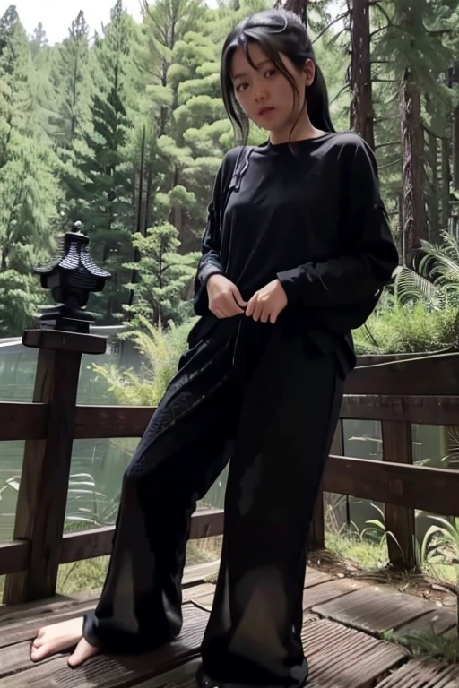 Japanese Girl sees the ghost and pees her black palazzo pants until her pants are wet in fright.