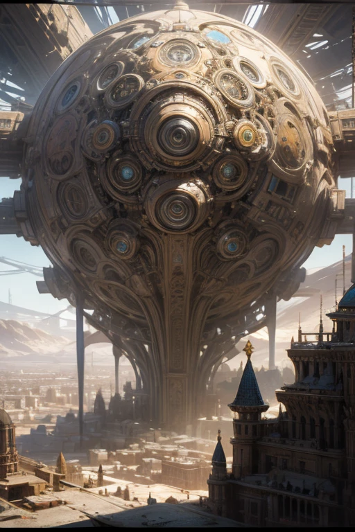 a girl rides a bicycle, in running shorts, short shorts, a painting of a city in the middle of a desert, concept art, inspired by Stephan Martiniere, digital art, victorian steampunk mega city, mandelbulb 3 d buildings, matte painting of steam machines, russian orbit city cityscape