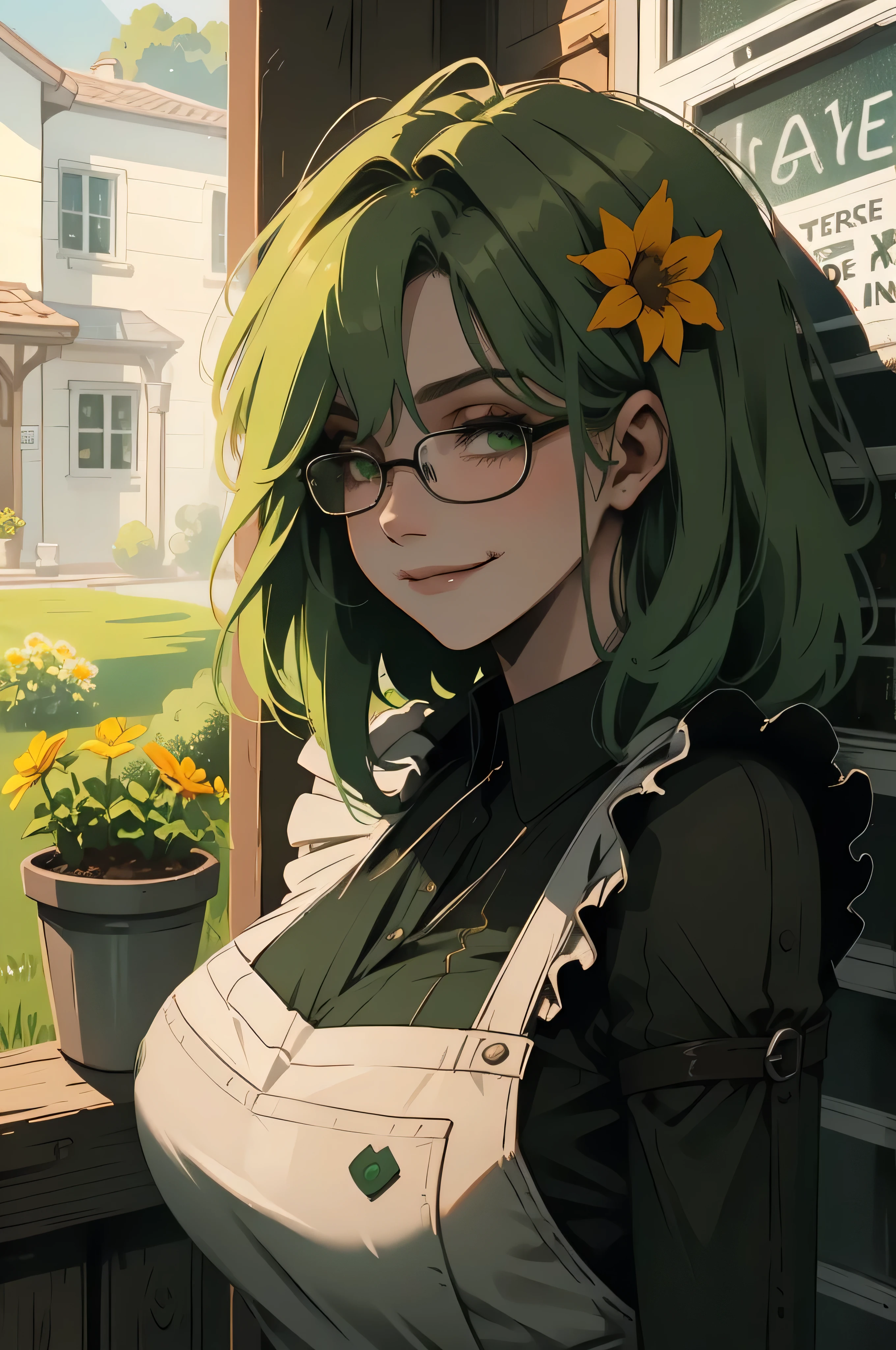 1girl, medium hair, masterpiece, portrait, gardening apron with soil, tan skin, large breasts, cute, glasses, bashful, curvy, green hair, green eyes, half-closed eyes, dirty clothing, shy smile, office lady, gardening, gardening dirt on clothing and body, planting a flower, dirt on clothes,  