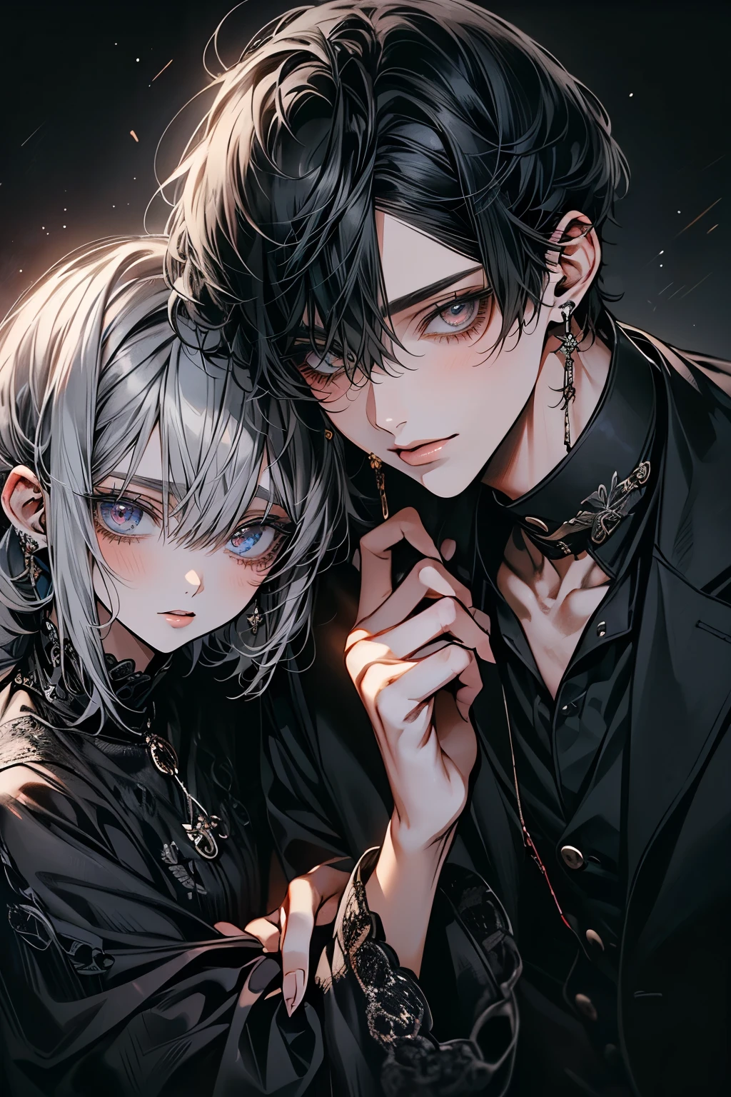 (Mastepiece), (Best Quality), Very detailed, ((Two good friends:1.5)), Perfect Face, Beautiful Face, Very detailedな顔,(Black-haired man:1.3),(Grey-haired man:1.3)、shirt、smile