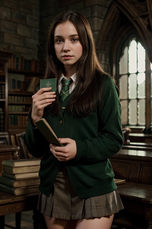 Girl at Hogwarts, wearing Slytherin house clothes,  a lot of books