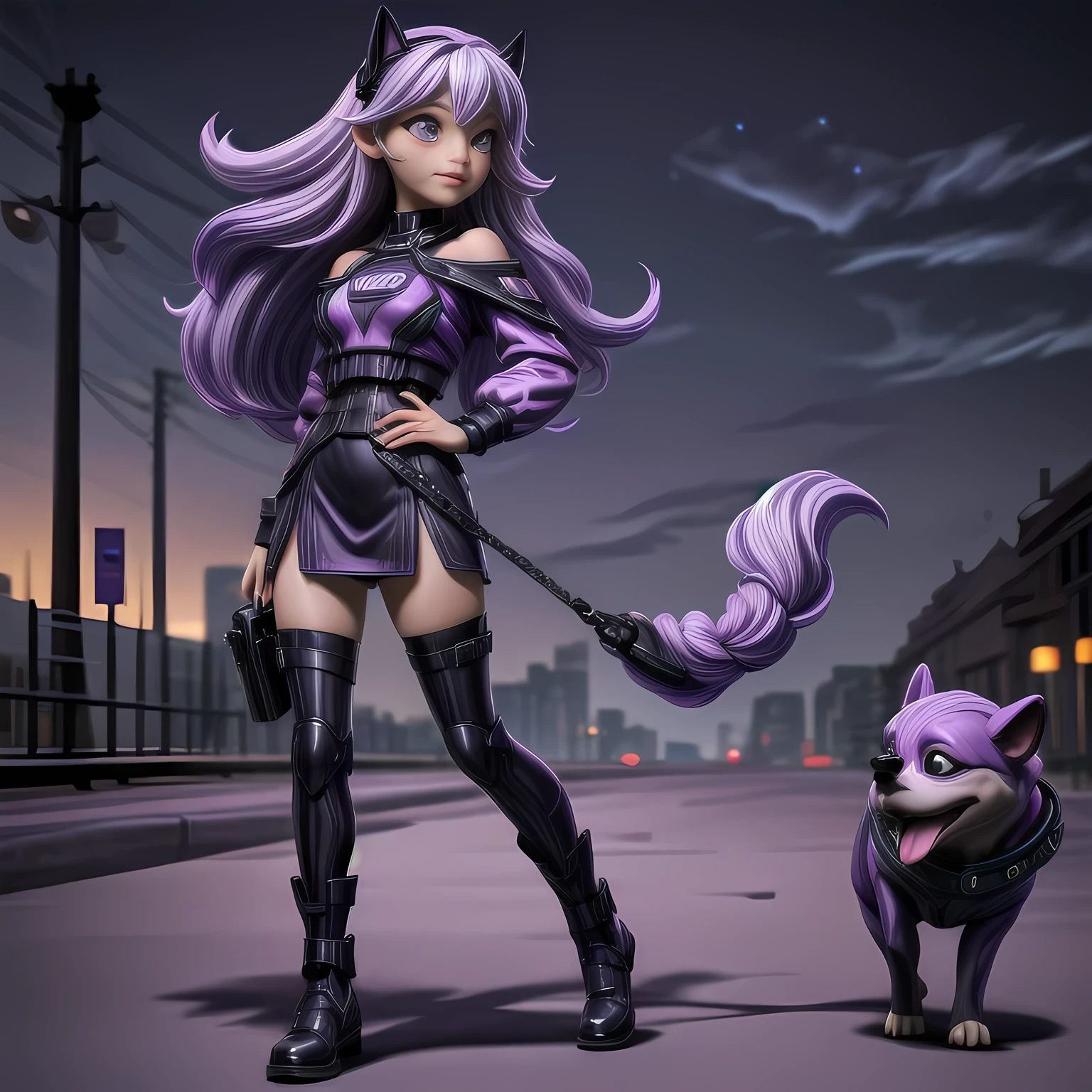 sdcgsd, masterpiece, best quality, 1girl and dog, walking with dog, (in the night park:1.3), Purple White Gradient Long Hair, Kind, Cyber Suit, off-shoulder, black skirt, black stockings, black boots,