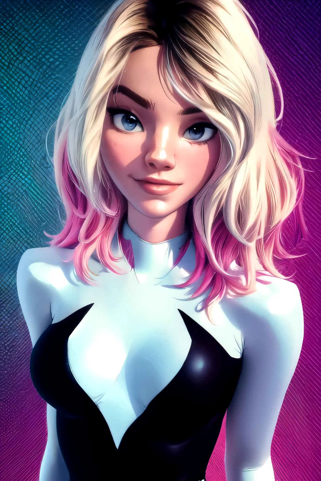 (masterpiece, top quality, best quality, official art, beautiful and aesthetic:1.2),highly detailed face,1girl,gwen_stacy, (portrait:1.3),spider-gwen suit , bodysuit superhero,small tits(extremely detailed,highres, highest detailed,8k,absurdres,CG),happy,full body pose,cowboy shot,grab breast,smirk,cute smile.full body pose