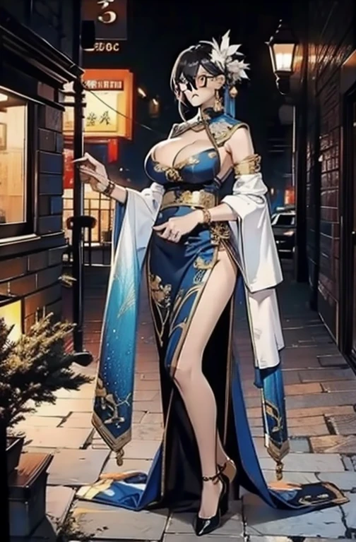 Doctor close-up, Five-star reviews, Their names, photo, and the city in the background..，Large bust (((Large Breasts、Breast sagging、Low-cut，Cleavage ，Wide hips,)))((Long legs)),Hourglass figure)),，Frameless glasses，Slim body，Cute girl，Full body portrait，Hanfu，Common，Ancient Street of China，Dirty dark streets，