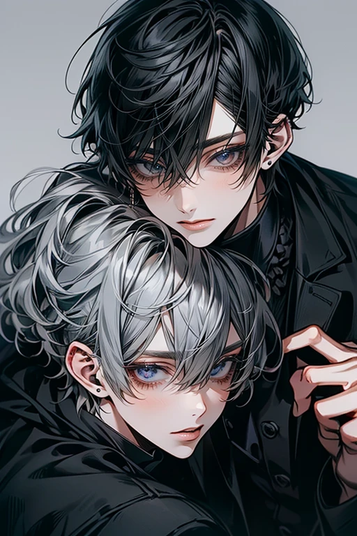 (Mastepiece), (Best Quality), Very detailed, ((Two good friends:1.5)), Perfect Face, Beautiful Face, Very detailedな顔,(Black-haired man:1.3),(Grey-haired man:1.3)、shirt、smile
