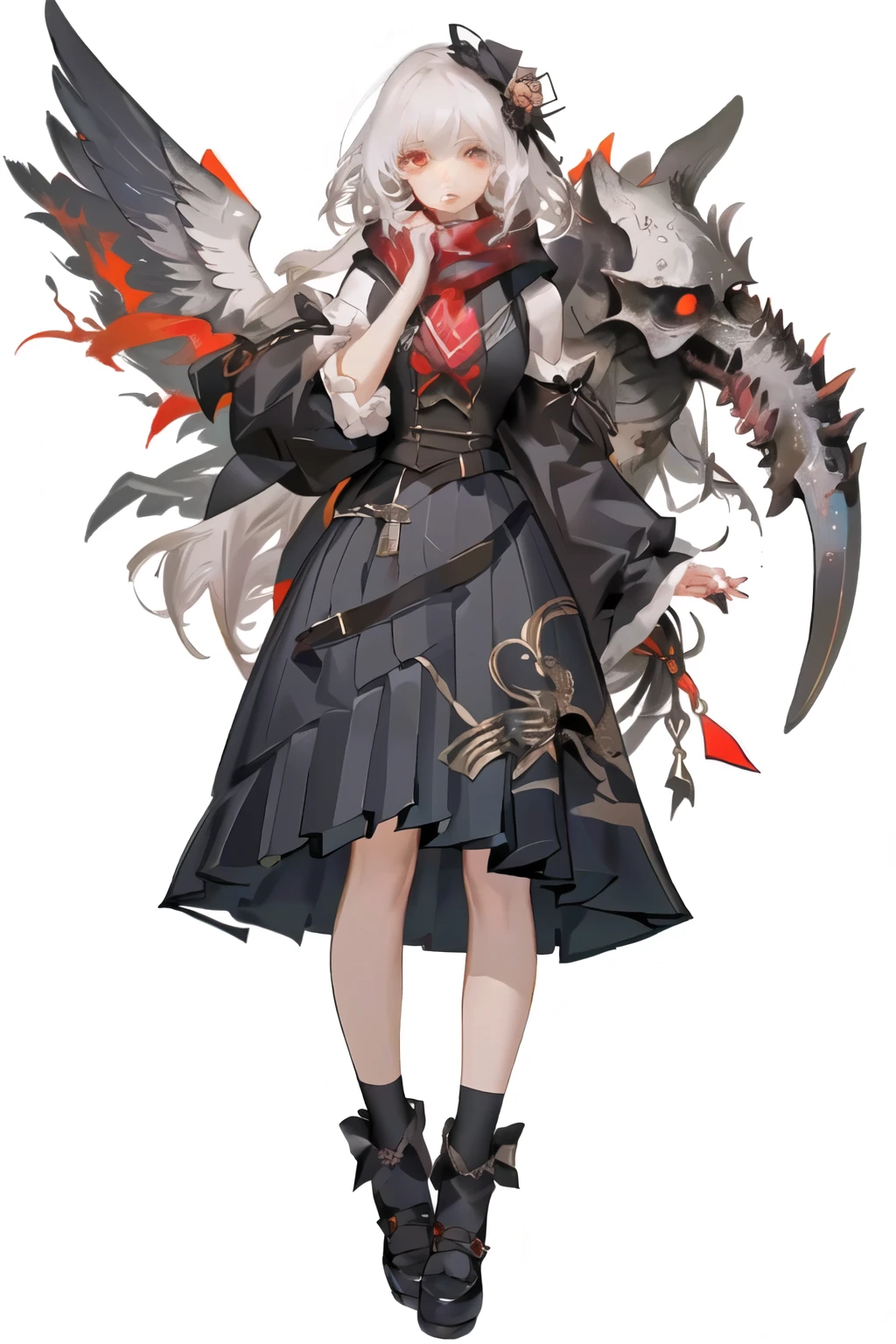 ((best quality)), ((masterpiece)), (detailed), perfect face, ((best quality)), ((masterpiece)), (detailed), perfect face(Golden ratio:1.2),(Fault color:1.3),[(White background:1.4)::10], (full bodyesbian:1.2),(Ultra-detailed:1.3), （white color background）white background, plain background (colorful ink paper flower grow on the face:1.2), teens girl，White hair，Red glowing eyes, photorealestic,（（（Red and white trench coat））），（Red scarf)，a black pleated skirt，black t-shirts，longer sleeves，（（With a hood）），((Multiple pairs of angel wings))，side-lighting, NSFW, Depicting female characters from ethereal anime in a high-quality anime art style，，，8K，Red and white shoes with a sense of technology，(chaotic geometric images:1.3),(nagative space:0.8),(Drawing board:1.3), (ether colorful ink flowing:1.3), a knight, white background, plain background, Bloodborne inspired, tatty Bloodborne attire, occult aesthetic, occult, tatty red and white clothing detailed and intricate steampunk and detailed gothic lolita (with a hood), long coat, Complex laced boots, Fluttering lace flared long knee length dress with frilly petticoats, long dress, knee length dress, pleated petticoats, lolita dress, petticoats gothic lolita, beautiful small breasts, (((( Highly detailed face))), small thin nose, Small thin lips mouth, (((Very sharp focused eyes))), Very large slit precision pale grey eyes that shine like jewels. very long eyelashes, Silver hair swaying in the wind, Emitting a dazzling light in a mandala pattern, white background, Very dramatic and cinematic lighting, tatty damaged old red and white clothing, full body, whole body, body, cosmic horror, grim dark