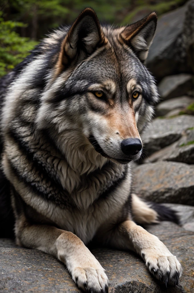 arafed wolf laying on a rock wall in a wooded area, fur hdr, photo of wolf, intense dramatic hdr, dark grey wolf, furry wolf, on a dark rock background, portrait shot, great wolf, regal pose, lone wolf, portrait of rugged zeus, wolf, hdr photo, wolves and their treasures