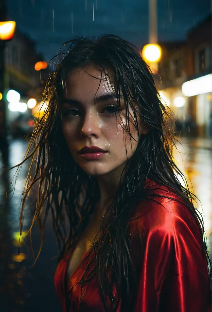 1girl,solo,long hair,Rough skin,from back,face focus,(looking at viewer:1.2),wet hair,dark,polaroid,(depth_of_field:1.5),rainy days,outdoors,street,hair between eyes,moody lighting,Tyndall effect,Cinematic Lighting,night,lamppost,lens flare,available light,rim light,glowing neon lights,curvy,Red silk dress,