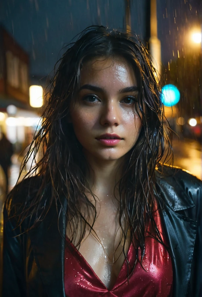 1girl,solo,long hair,Rough skin,from back,face focus,(looking at viewer:1.2),wet hair,dark,polaroid,(depth_of_field:1.5),rainy days,outdoors,street,hair between eyes,moody lighting,Tyndall effect,Cinematic Lighting,night,lamppost,lens flare,available light,rim light,glowing neon lights,curvy,Red silk dress,