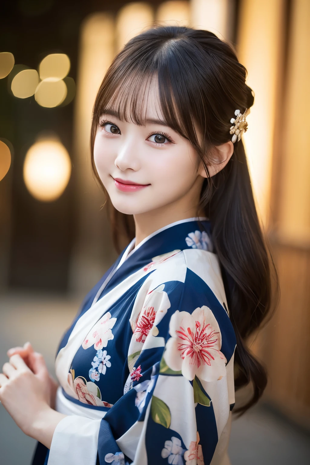 （kimono）、(highest quality、8k、High resolution、masterpiece:1.2)、Very detailed、(Realistic、photoRealistic、photo-Realistic:1.3)、Bokeh、Portraiture、Smile、(Detailed eyes、beautiful girl、Young face、Detailed face、No makeup)、Slightly backlit、Professional Lighting、Caustics