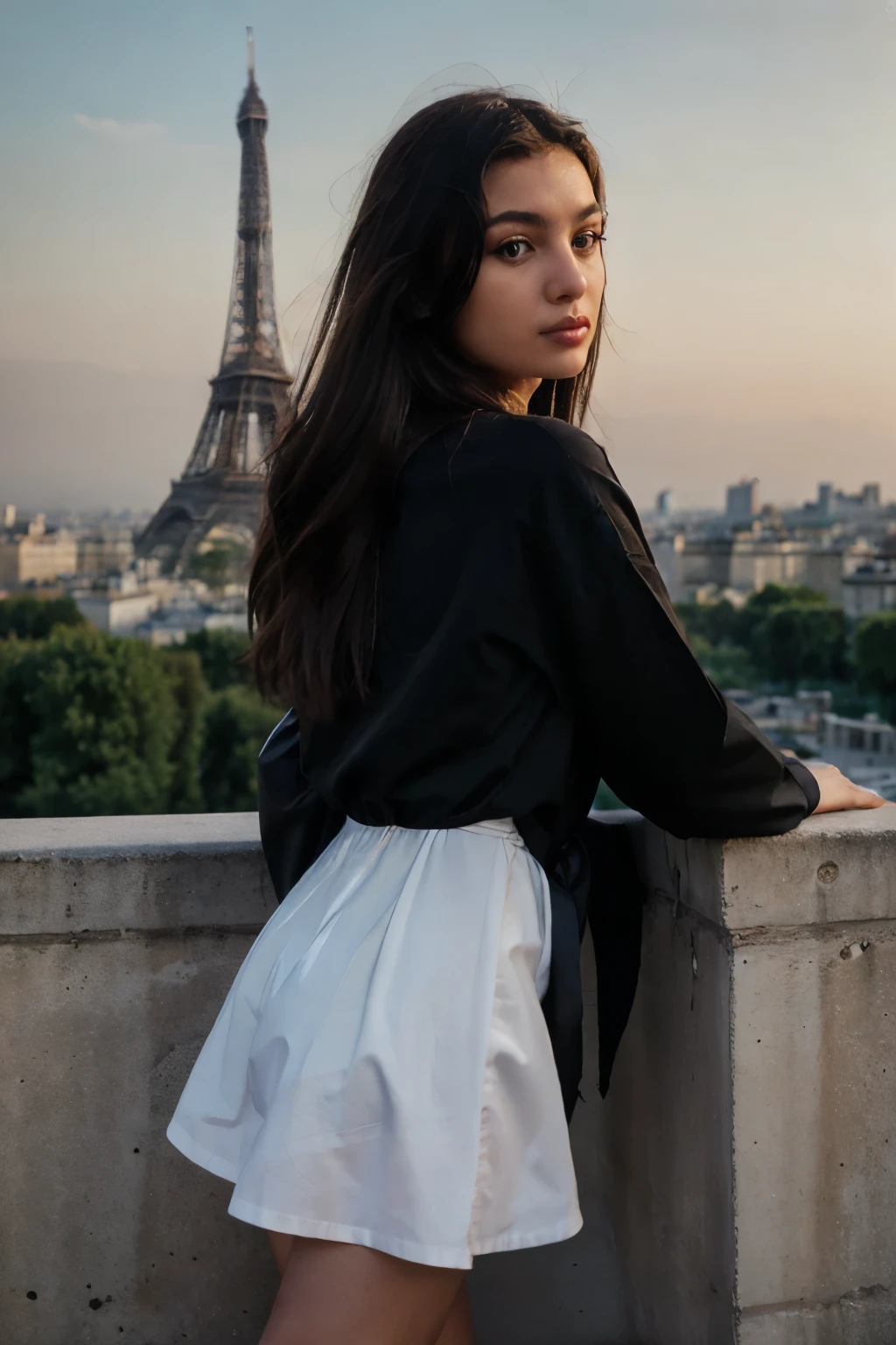 Albanian girl. Dark hair. Dark Eyes. Teen. Young adult. Pretty body, perfect body, Beautiful young adult girl, French sexy shirt dress, French fashion attire, Paris, Iconic Parisian views, Chic and elegant style, Romantic Paris setting, Eiffel Tower backdrop, Stylish French streetwear, Urban Paris landscape, panoramic view, super high definition, perfect shot, perfect pose, Canon 5D Mark 4