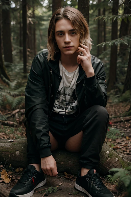 Kyle Gallner, Larkin Ravenwood, Teen Wolf, 20 years old, light blonde hair, short and messy, green eyes, open black gothic style jacket, red t-shirt with rocker print, black tennis shoes, fox pendant, white wolf print. Forest background aura around black color.